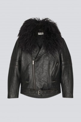 Veste biker cuir et plume