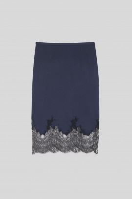 Blue lace satin crepe midi skirt