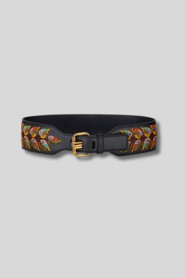 Embroidered black leather belt