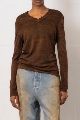 Pull col V en laine et cachemire marron