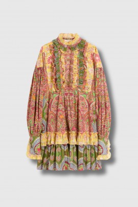 Robe courte à jabot volanté imprimée orange et rouge