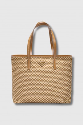 Beige and camel geometric print re-nylon tote bag