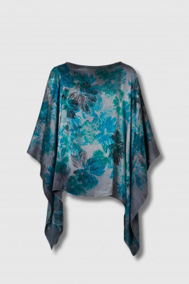 Blue printed silk poncho
