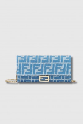 Baguette wallet on chain in blue denim-effect FF jacquard