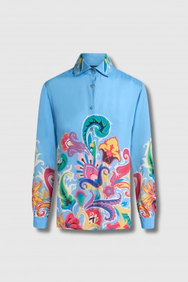 Chemise en popeline bleu imprimée Paisley