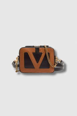 Camera Bag with logo in black and camel leather