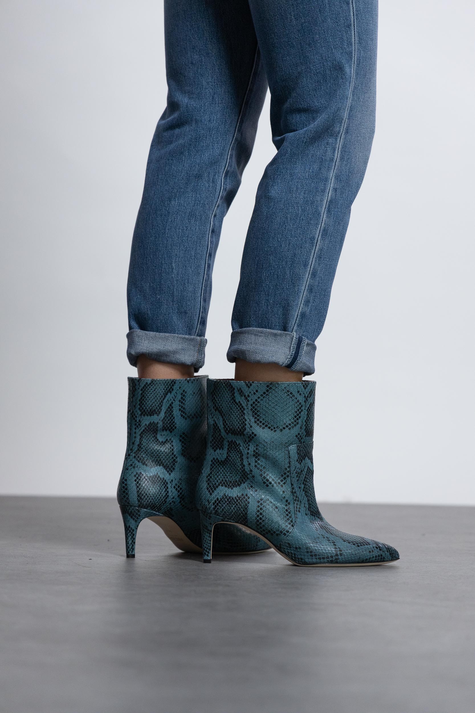 Blue python printed ankle boots