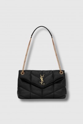 Small Puffer Bag in black leather with gold logo