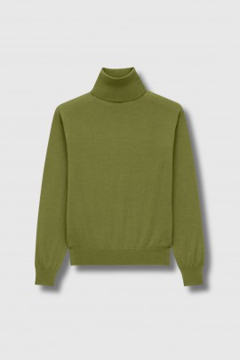 Olive green cashmere, wool and silk roll neck jumper
