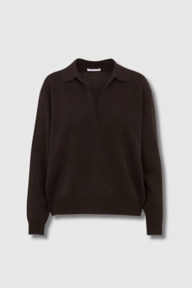 Long-sleeved brown cashmere polo shirt