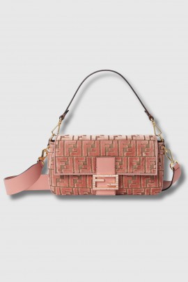 Sac Baguette en velours FF jacquard rose