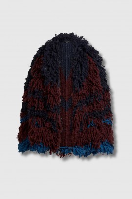 Veste à franges de laine bordeaux et bleu 