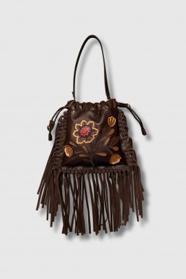 Sac avec broderie florale en cuir marron