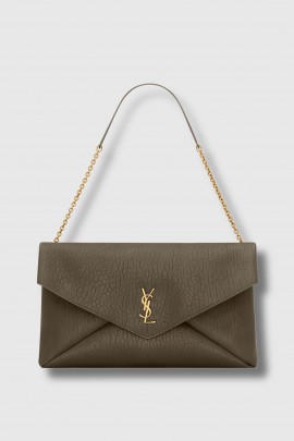 Cassandre XXL chain clutch bag in khaki lambskin leather