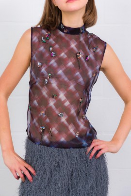 Top sans manches avec strass en soie bordeaux