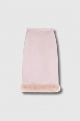 Pink satin skirt with feathers