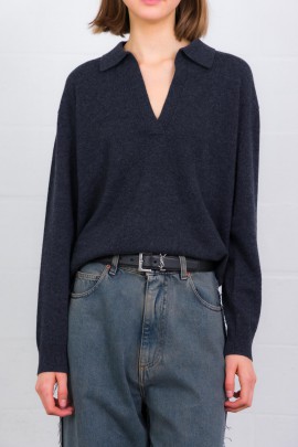 Polo manches longues en cachemire gris anthracite 