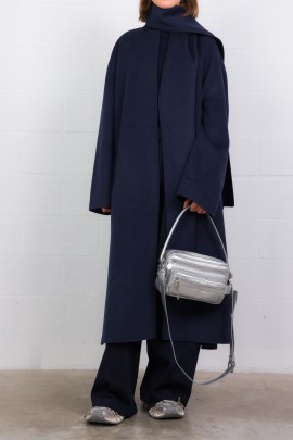 Manteau long avec écharpe amovible en laine bleu et noir