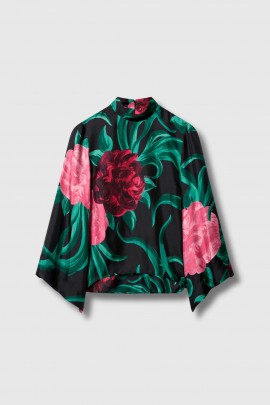 Top imprimé en soie noir 