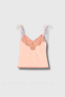 Top en dentelle et crêpe de Chine rose 