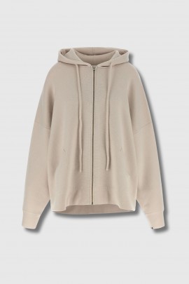 Beige cashmere zip-up cardigan with hood