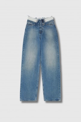 Jeans bleu taille retournée