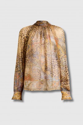 Leopard print V-neck blouse with lavalier collar