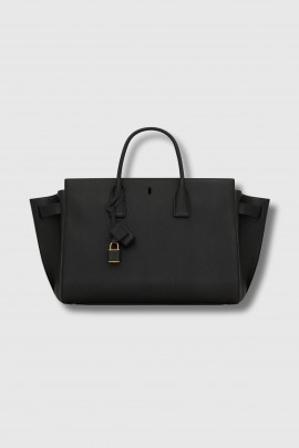 Large black grained leather day bag