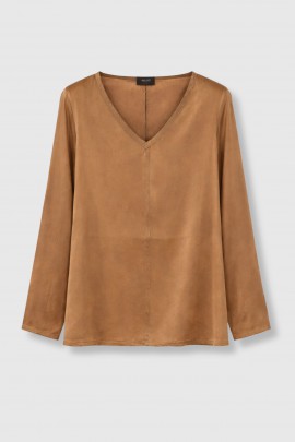 Top col V en soie bronze 