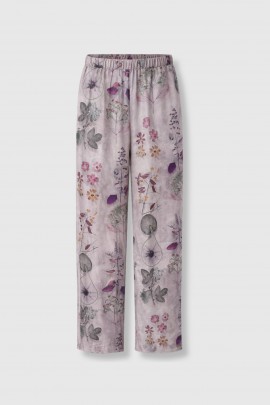 Pantalon imprimé fleurs en soie rose pâle 