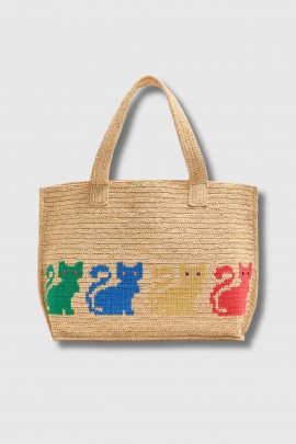 Sac cabas brodé chats beige 