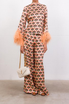 Orange silk feather print top