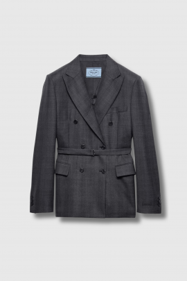 Double-breasted blazer in charcoal gray check wool