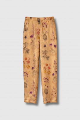 Bronze silk floral print trousers