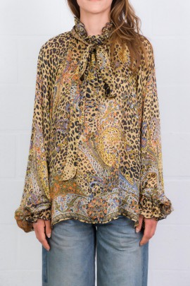 Leopard print V-neck blouse with lavalier collar