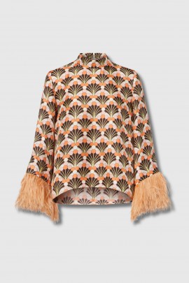 Top imprimé à plumes en soie orange 