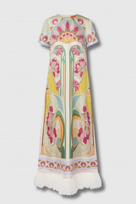 Robe à imprimé en twill de soie et plumes 