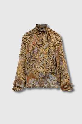 Blouse col V lavalière imprimée leopard