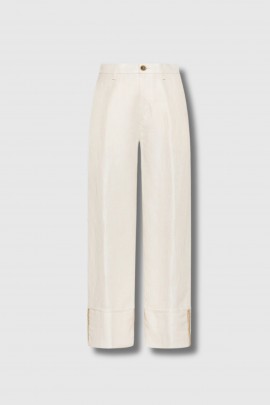 Wide-leg ecru linen trousers with cuffs