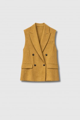 Taia Sleeveless Jacket in Olive Green Linen