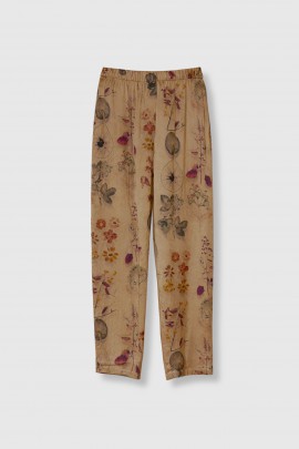 Pantalon imprimé fleurs en soie bronze