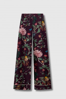 Wide-leg burgundy silk pants with a floral print