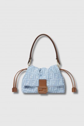 Sac Mamma Baguette en denim bleu et cuir marron 
