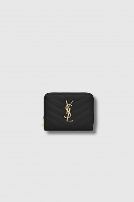 Cassandre Compact Wallet in black grain de poudre leather