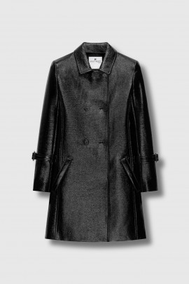 Manteau A-Line double boutonnage en vinyl noir 