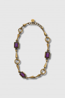 Collier pierre en verre amethyste et laiton 