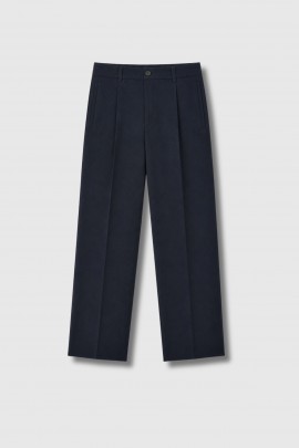 Pantalon à pinces en gabardine de laine bleu marine 