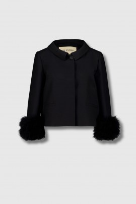 Black couture crepe jacket with feathers