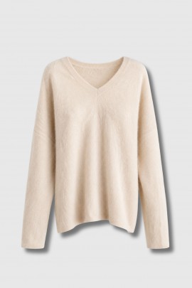 Pull col V en mohair beige