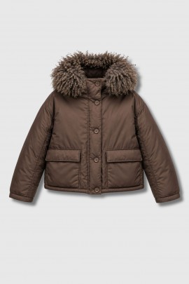 Brown short puffer jacket with a hood